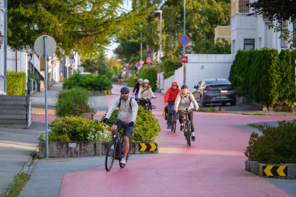 Syklister på en stor og bred sykkelvei i et grønt landskap