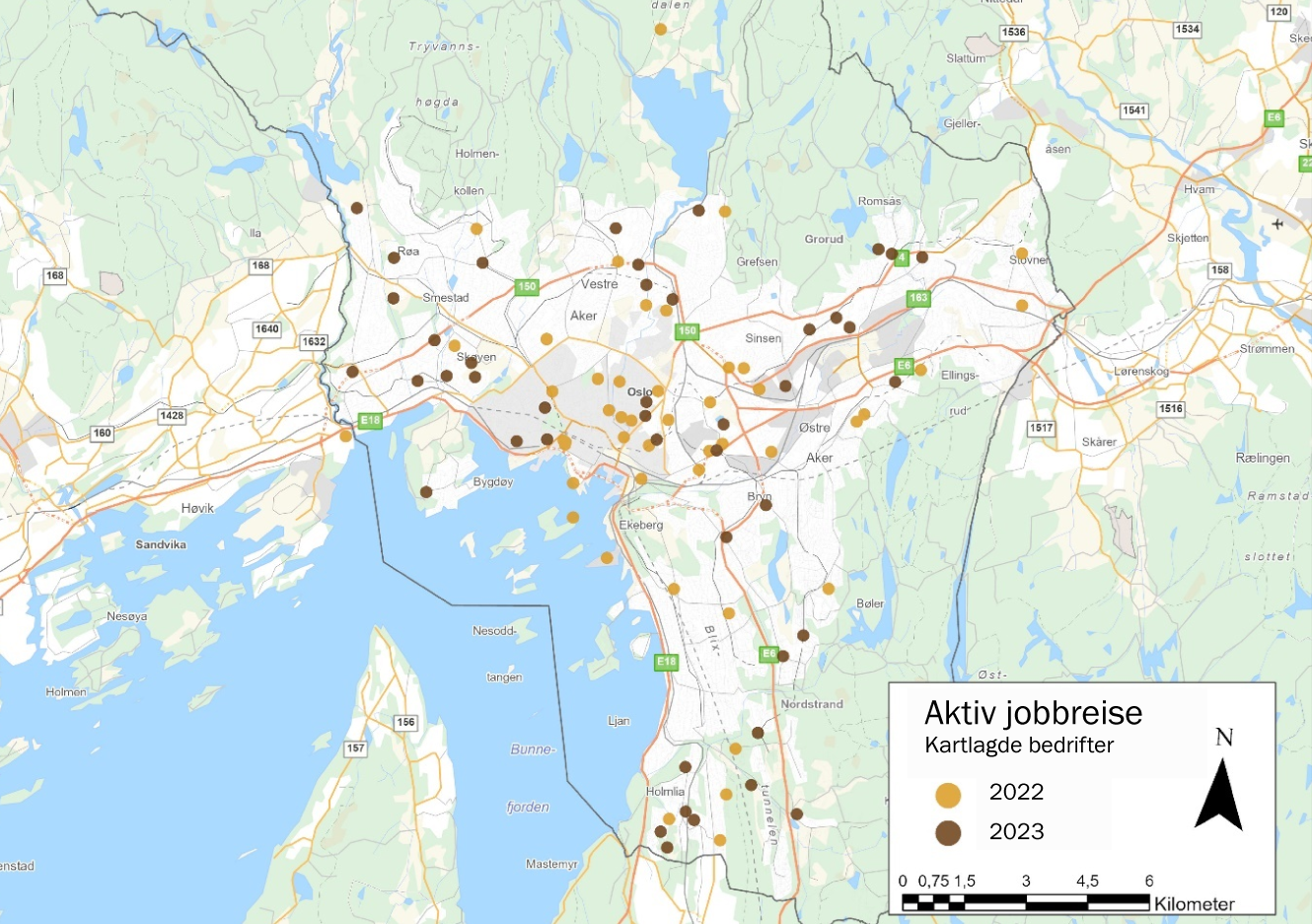 Kart over Oslo. Plassering på kommunale virksomheter som har blitt kartlagt av Syklistforeningen.